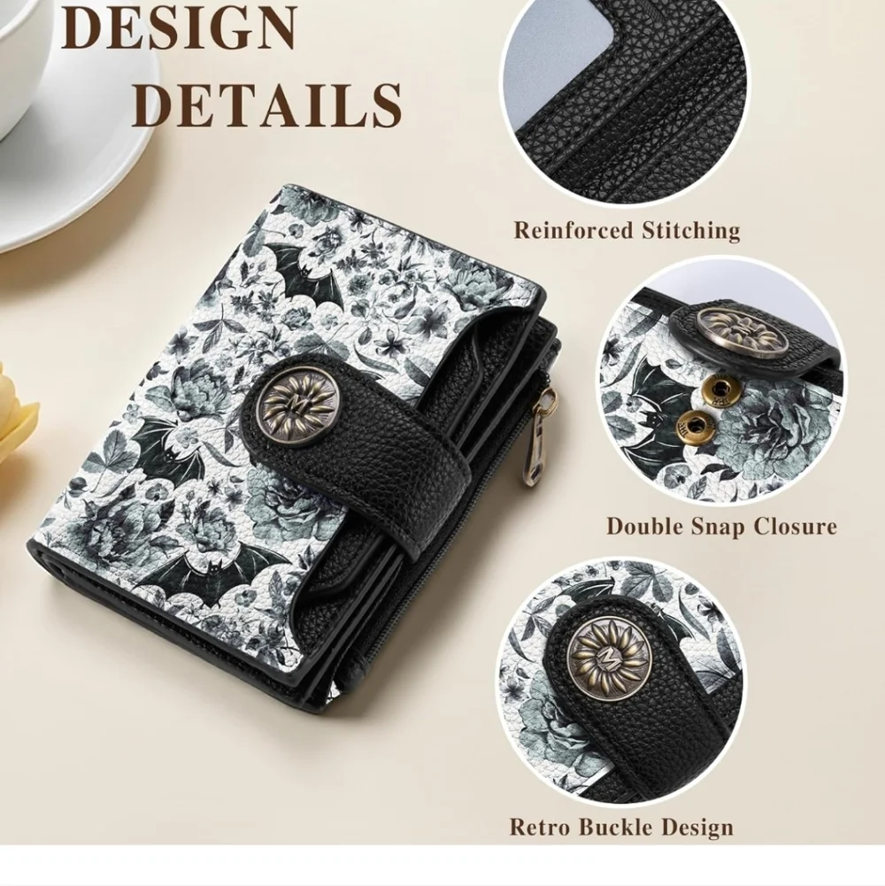 Floral Black and White Wallet with Retro Buckle